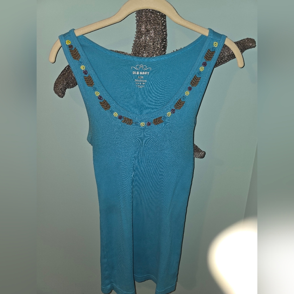Old Navy Turquoise Beaded Scoop Neck Tank